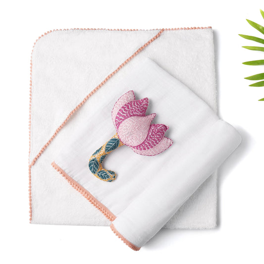 3 Pc Newborn Essential Set - Hooded Towel, Swaddle + Toy Rattle